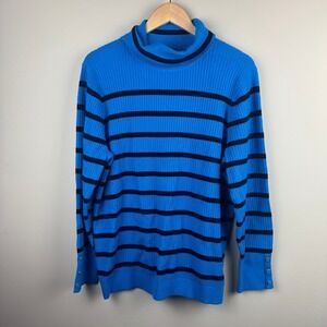 Talbots Plus Blue Black Stripe Ribbed Turtleneck Sweater Button Cuff 2X NWT